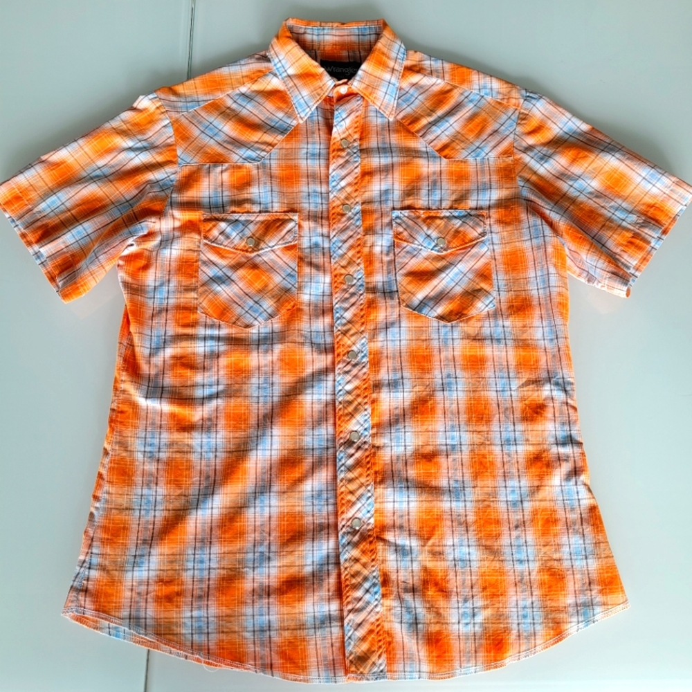 Orange Wrangler Pearl Snap Western Shirt Medium Short Sleeve Plaid Pocket Men